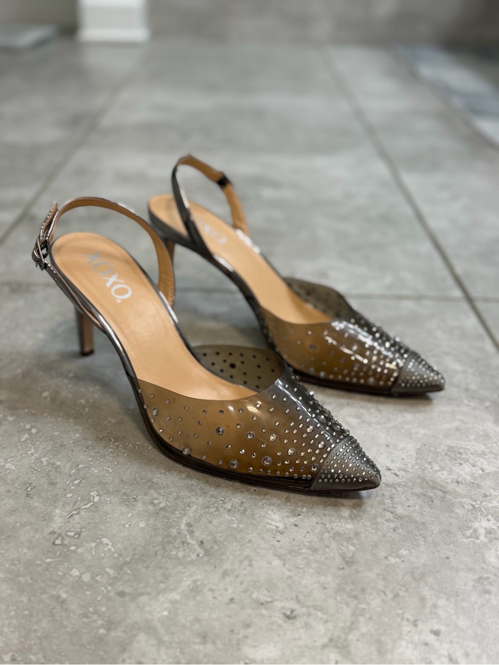 XOXO Gray SilverPointed Slingback Heels with Silver Stud Detailing